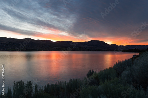 Beautiful bright dawn over Chelan lake  Washington