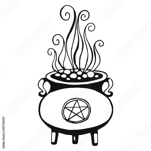 Hand drawn sketch of witch cauldron isolated on white background. Vector vintage line art illustration. Decorative element for your design