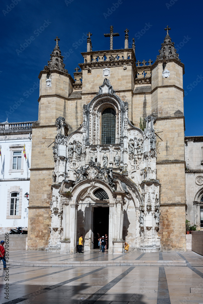 Coimbra, Portugal, August 13, 2018: Facade of the church of Santa Cruz, located in the Plaza 8 de. Mayo in the old part of the city. vertical