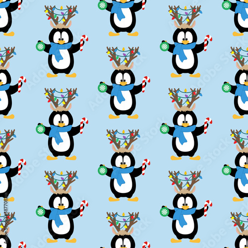 Penguin in christmas party costume seamless pattern