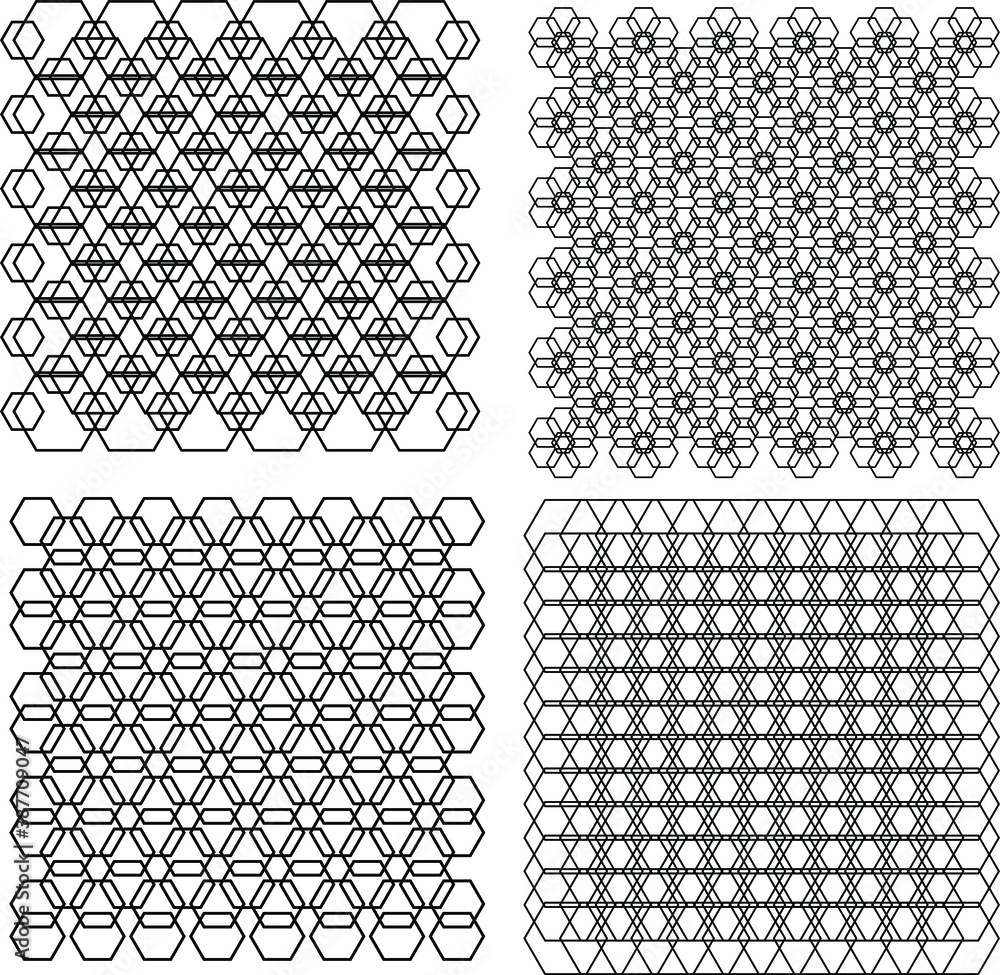Black vector geometric seamless patterns on transparent background. Various patterns of hexagons. Graphic decoration, illustration. Geometric decorative texture.