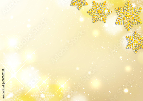 金色のラメの雪の結晶 キラキラ輝く星 白と金色に光る水玉模様 金色のグラデーション背景 冬のフレーム素材（横型）