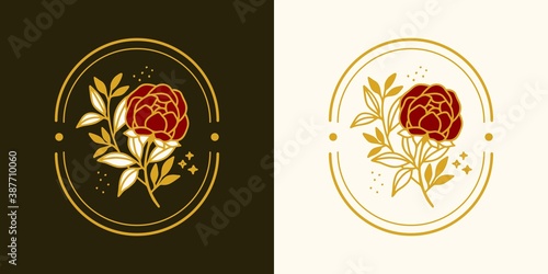 Hand drawn vintage botanical rose flower logo template and feminine beauty brand element in elegant and minimal style