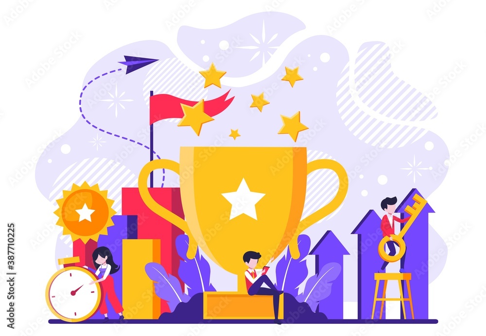 Success team concept illustration, tiny people celebrate success achievement by holding a big goblet, can be use for landing page, template, ui, web, mobile app, poster, banner, flyer. Vector Success team concept illustration, tiny people celebrate success achievement by holding a big goblet, can be use for landing page, template, ui, web, mobile app, poster, banner, flyer. Vector