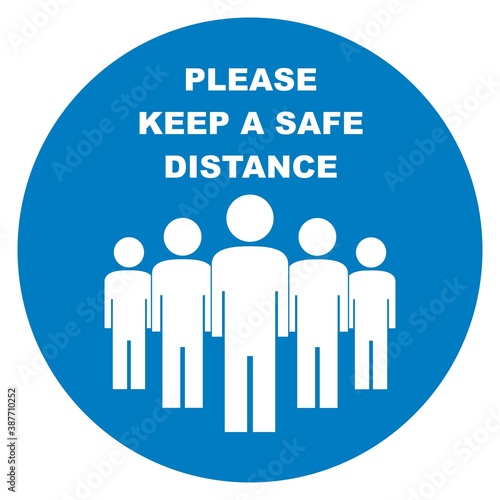 Keep a safe distance  white silhouette of person at blue circle frame  vector sign 