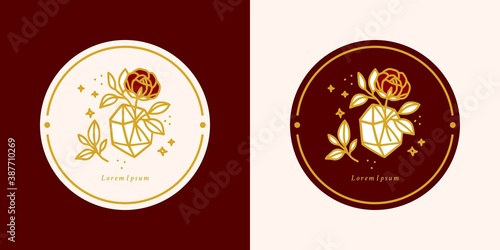 Hand drawn vintage crystal, gems, leaf, rose flower logo template, and feminine beauty brand element in elegant and minimal style