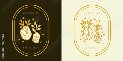 Hand drawn vintage gems, crystal, floral logo, and feminine beauty brand element in elegant and minimal style