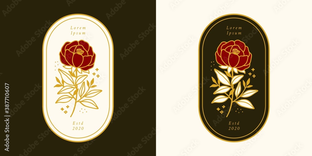 Fototapeta premium Hand drawn vintage botanical rose flower logo template and feminine beauty brand element in elegant and minimal style
