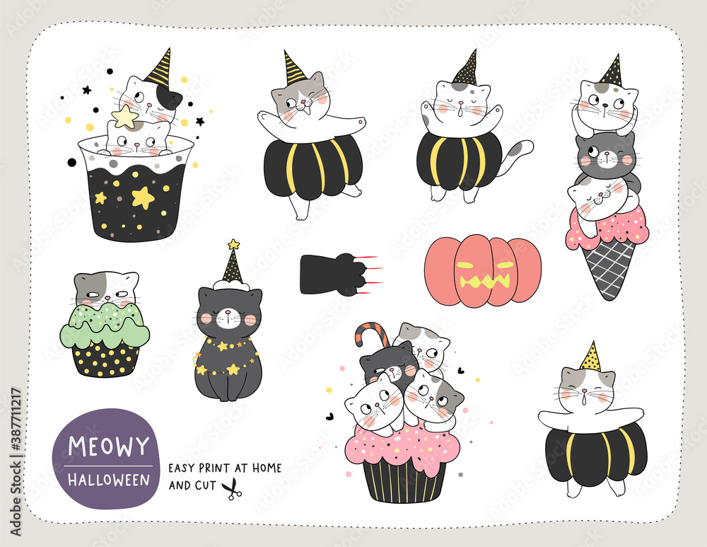 Draw collection stickers funny cat for Halloween.