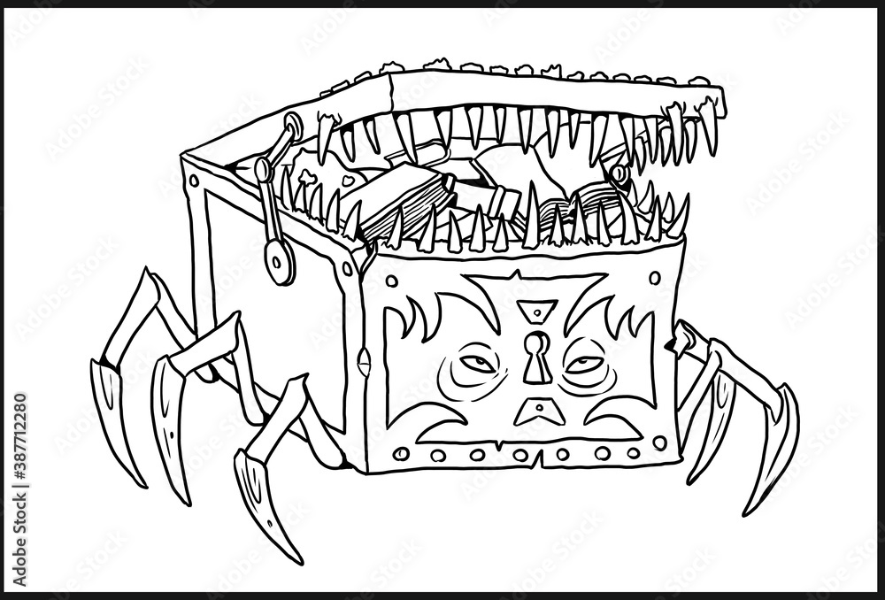Fototapeta premium Pirate chest with teeth drawing. Monster suitcase coloring template.