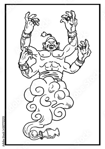 Fantasy jinn vector drawing. Funny genie lamp coloring template.