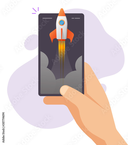 Boost online app strategy on mobile phone smartphone as rocket launch event vector, cellphone startup or project digital development, new product release idea, cell phone in man person hand