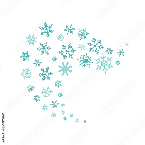 Wind curve, blizzard shape with blue snowflakes on white background.