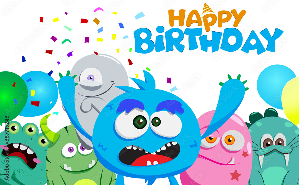Happy birthday vector character design. Happy birthday text in white space with scary cute monster creature characters for kids party celebration greeting card design. Vector illustration. Happy birthday vector character design. Happy birthday text in white space with scary cute monster creature characters for kids party celebration greeting card design. Vector illustration.