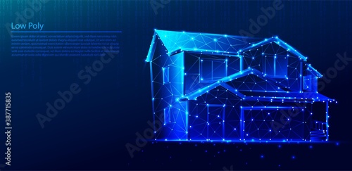 Polygonal mansion or house on dark blue tech background, triangles and particle style design. 