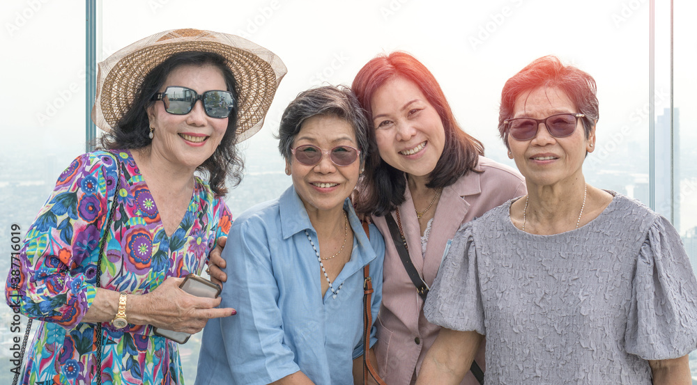 Happy senior society concept. Portrait of Asian female older ageing women smiling with happiness in garden at home, or wellbeing county Happy senior society concept. Portrait of Asian female older ageing women smiling with happiness in garden at home, or wellbeing county