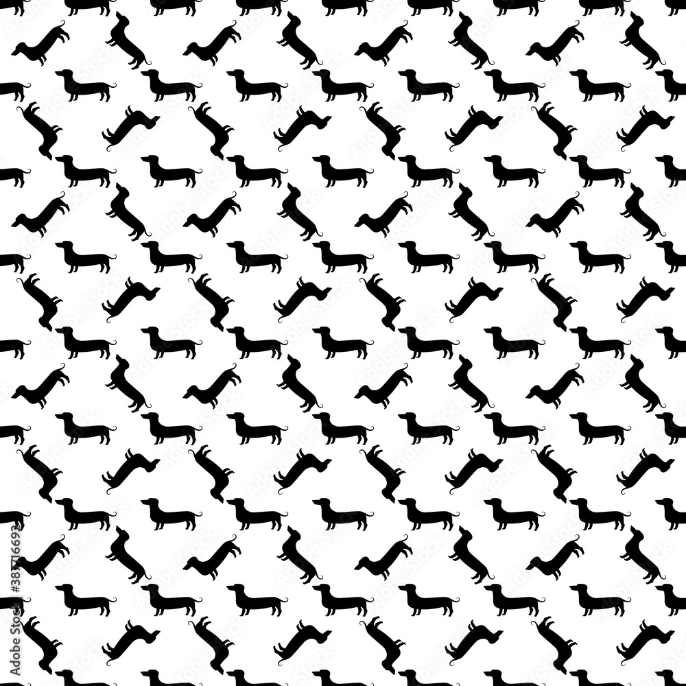 Dachshunds monochrome seamless pattern, vector background, black and white