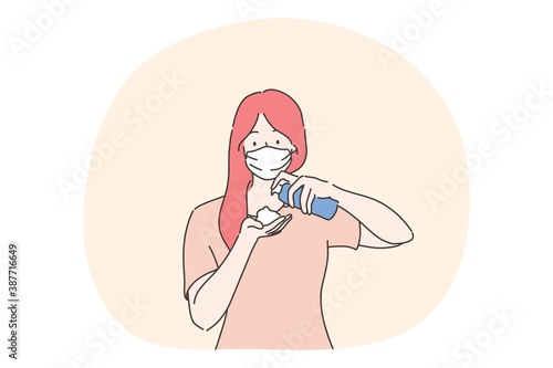 Healthcare, quarantine, protection, coronavirus concept. Young woman with medical face mask pouring antiseptic on hands. Preventive measures from covid19 disease and 2019ncov infection illustration.