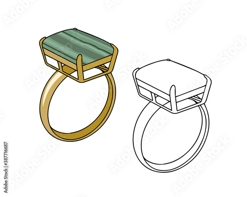 Gold ring with malachite. Linear drawing on a white background. Vector