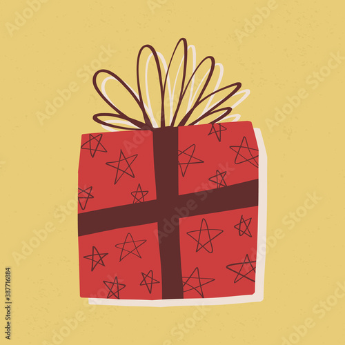 Retro style gift box with ribbons and bow on yellow textured background. Birthday, Christmas, New Year card design.