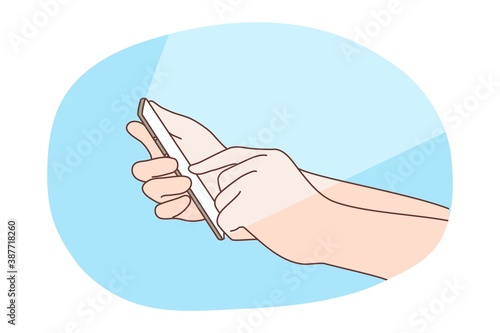 Social media, addiction, technology concept. Wireless communication and network dependency illustration. Human user male female character hand touching communicate using mobile phone display online.