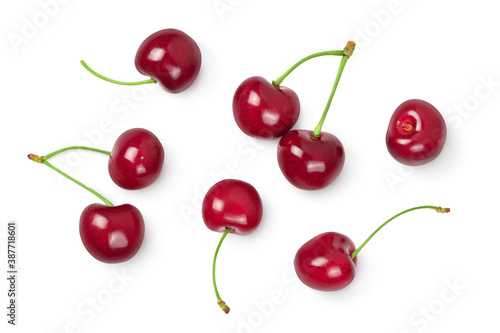 red sweet cherry isolated on white background with clipping path . Top view. Flat lay