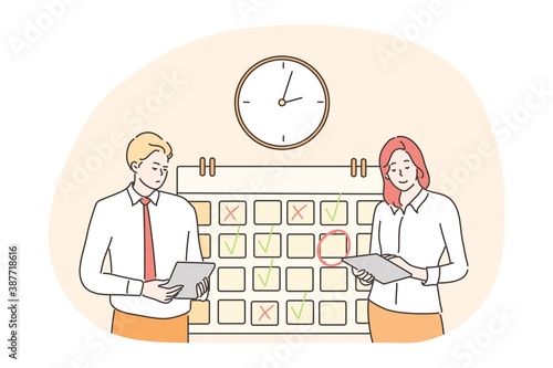 Time management, multitasking, efficiency, plan, teamwork, business concept. Business people employees manager stand near checklist together. Event organization or effective productivity optimization.