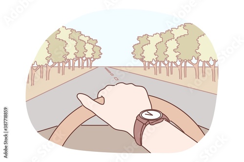 Travelling, tourism, road, automobile concept. Human traveller tourist chauffeur rider driver character driving car vehicle moving on highway. Vacation weekend trip and holiday adventure relaxation.
