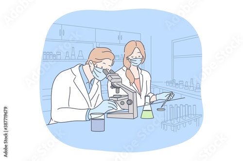 Science, virus, coronavirus, medicine concept. Team of man woman doctors scientists workers in medical face mask testing vaccine from COVID19. Scientific test academic research 2019ncov infection.