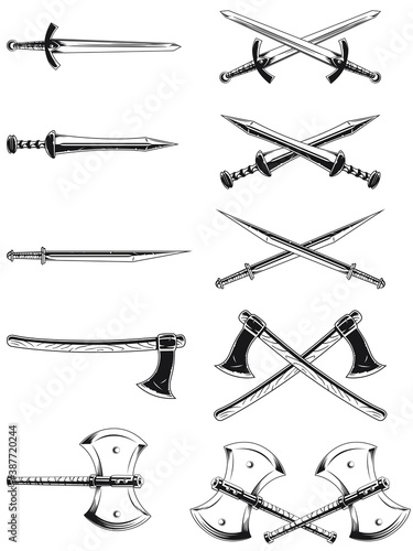 Silhouette crossed sword axe engraving illustration vector