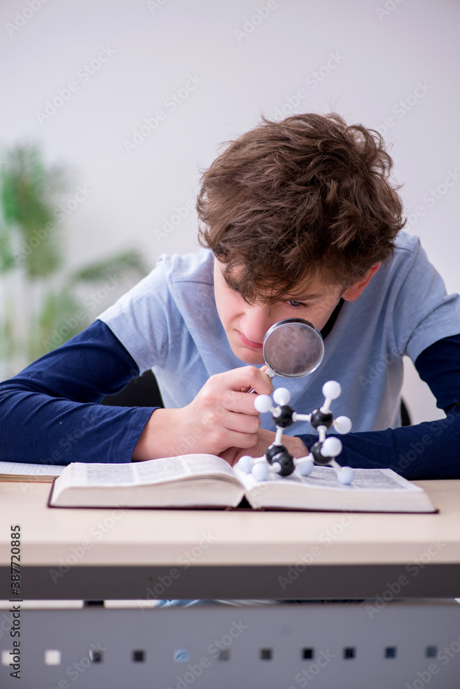 Schoolboy looking at molecular model at home Schoolboy looking at molecular model at home
