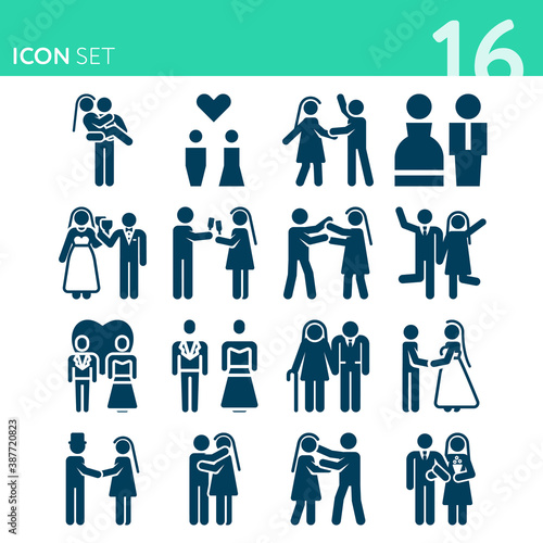 Simple set of 16 icons related to newlyweds