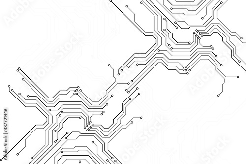 Circuit Board Technology Electronic Scheme Pattern Abstract Background. PCB Trace Black And White Engineering Data Communication Concept Vector.