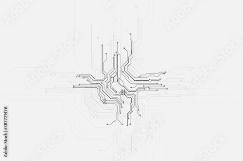 Circuit Board Technology Electronic Scheme Pattern Abstract Background. PCB Trace Black And White Engineering Data Communication Concept Vector.