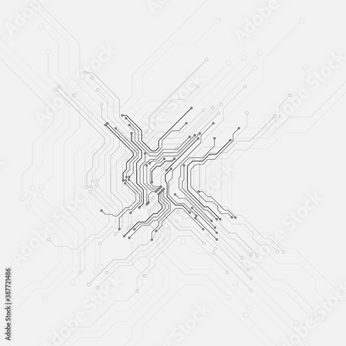 Circuit Board Technology Electronic Scheme Pattern Abstract Background. PCB Trace Black And White Engineering Data Communication Concept Vector.