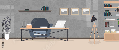 Loft style room. Bright room. Workplace. Table with laptop  books and documents. Flower in a pot  wooden cabinet  paintings. Vector.