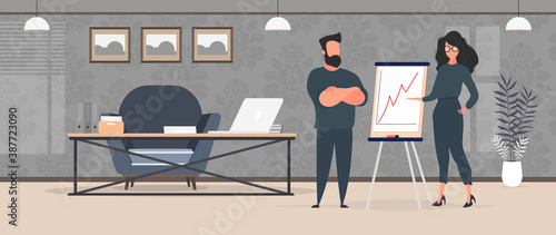 A girl shows a report to the boss. Presentation with positive dynamics. Board for paper. Infographics. Business growth. Vector.