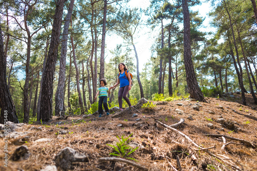 Naklejka premium A child with his mother go hiking.