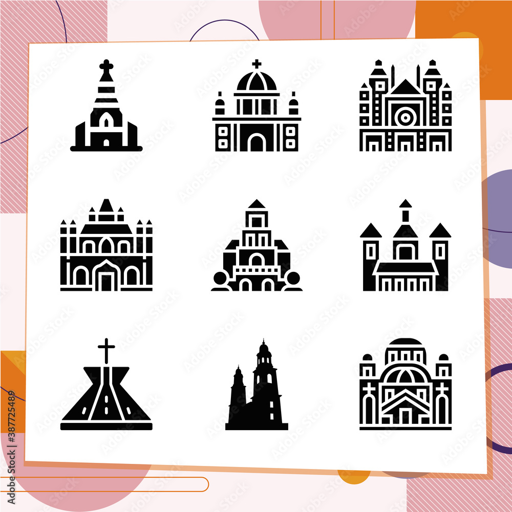 Simple set of 9 icons related to churches