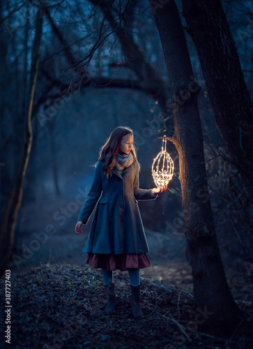 Obraz na płótnie Girl with lantern in the night forest w salonie