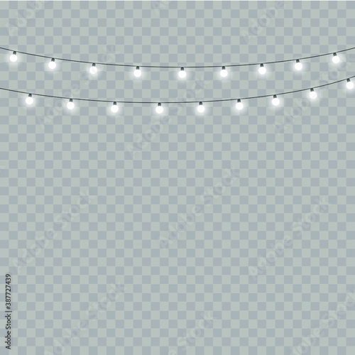Christmas lights isolated realistic design elements. Glowing lights for Xmas Holiday cards, banners, posters, web design.