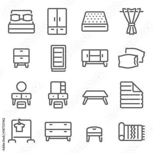 Bedroom furniture icon illustration vector set. Contains such icon as Bed, Mattress, Blanket, Carpet, Dressing table, clothes line, and more. Expanded Stroke