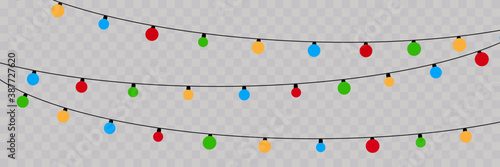 Christmas color lights isolated realistic design elements. Glowing lights for Xmas Holiday cards, banners, posters, web design.