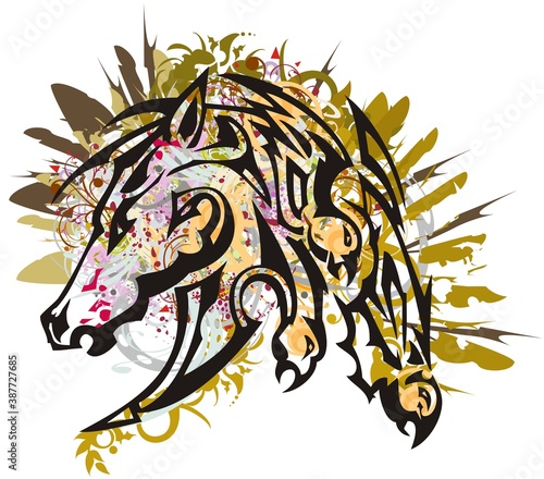Grunge horse head with falcon splashes. Beautiful bright mustang head with floral, golden decorative and feathers elements for your creative ideas, posters, wallpaper, prints, tattoo, textile, etc.