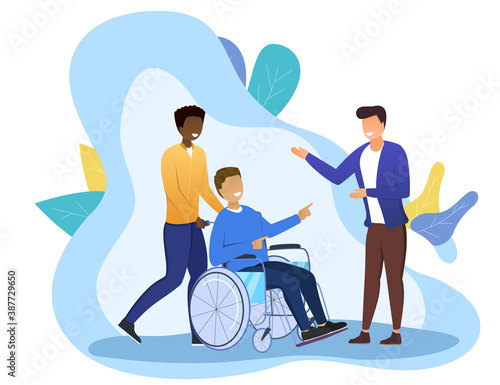 The concept of a fulfilling life. A disabled man in a wheelchair is enjoying life with his friends. Flat cartoon vector illustration.