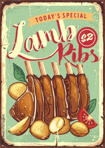 Lamb ribs vintage restaurant advertisement with delicious meal. Roasted meat ant potatoes retro poster. Food vector illustration.