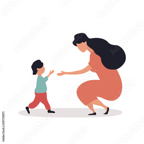 The concept of motherhood, care and love for children. A small child running into the arms of his mother. Flat cartoon vector illustration isolated on white background.