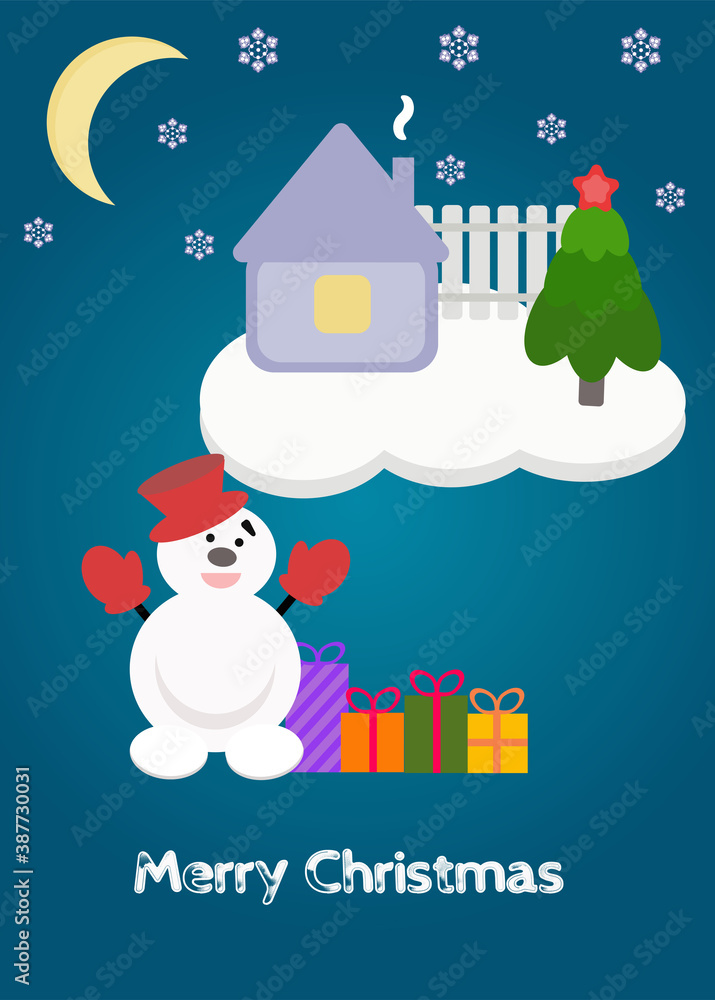 Christmas card with snowman. Vector winter design.