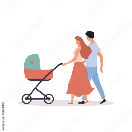 The concept of motherhood, care and love for children. Parents walking together with a baby carriage. Flat cartoon vector illustration isolated on white background.