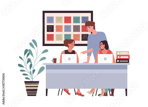 Young business partners or employees are discussing a project while sitting at their desks with laptops. Flat cartoon vector illustration with fictional characters isolated on white background.
